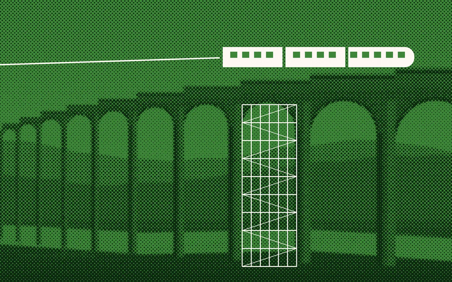 Ilustración de un tren que cruza un viaducto de piedra mientras uno de sus arcos está en obras.